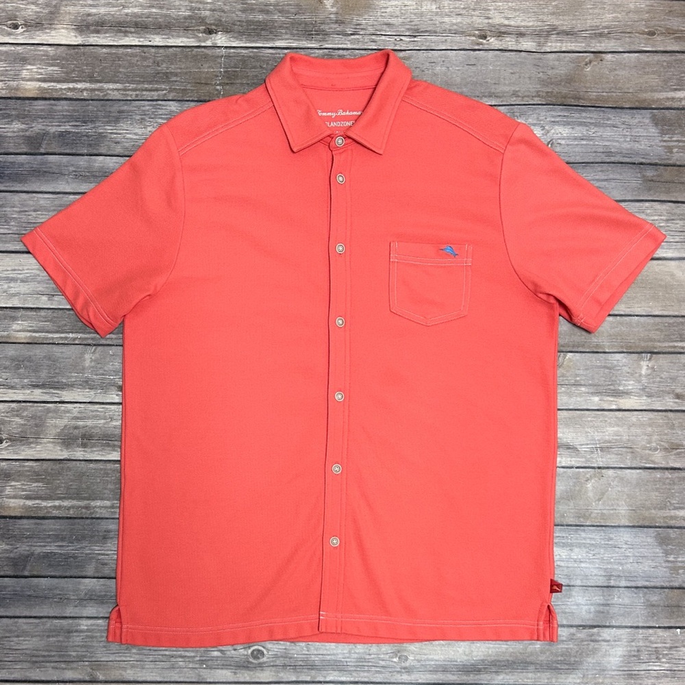 Tommy Bahama Pique Bright Coral Emfielder 2.0 Camp Button Up Short Sleeve Shirt